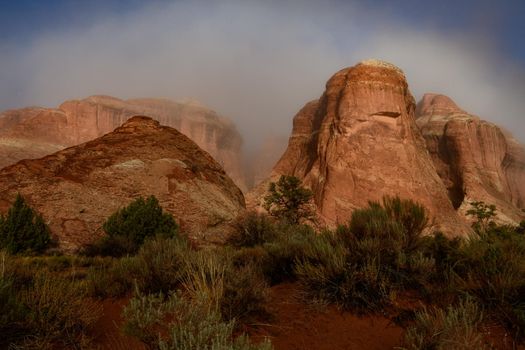 Misty Peaks in the Morning Dawn In Arches National Park