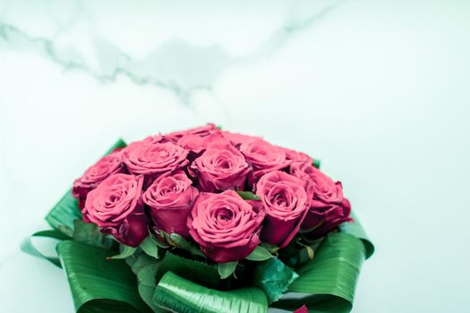 Gift for her, romantic relationship and floral design concept - Luxury bouquet of pink roses on marble background, beautiful flowers as holiday love present on Valentines Day