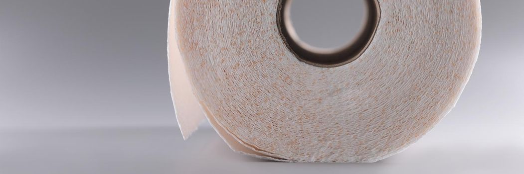 Close-up of white roll of soft toilet paper, clean tissue for personal hygiene. Unused paper for bathroom or toilet. Hygiene, sterile, cleaning concept