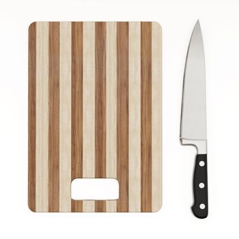 Wooden cutting board and knife isolated on white background. 3D illustration.