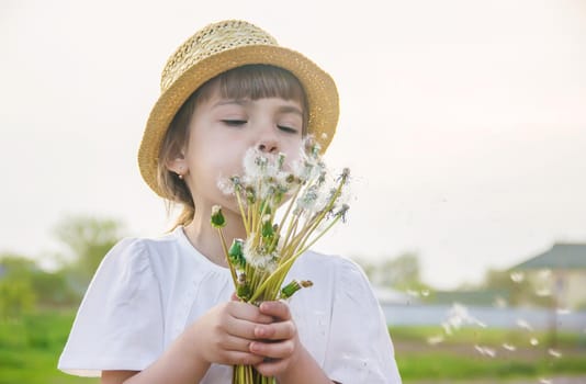 girl blowing dandelions in the air. selective focus. nature.