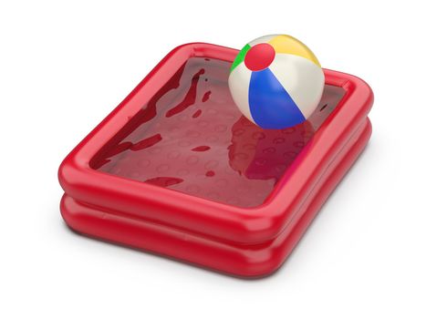 Red childrens inflatable pool and beach ball