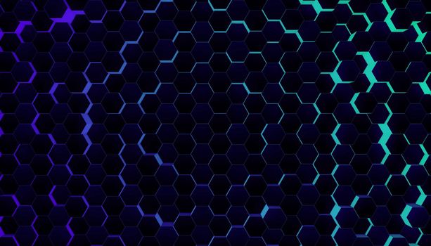 Wall of Random shifted neon honeycomb hexagon background wallpaper. 3d rendering.