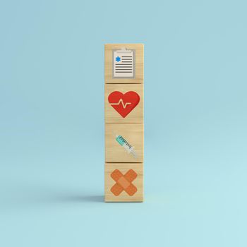 Healthcare icon syringe, health and band on blue background. Wooden cube block tower . Vaccine concept. 3D rendering.