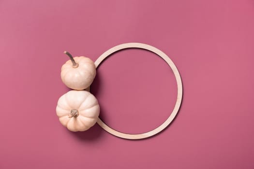 Decorative pumpkins and wooden frame for text, autumn themed blank top view, flat lay.