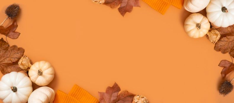 Autumn banner with frame from pumpkins and autumn leaves. Autumn theme mock up for text.