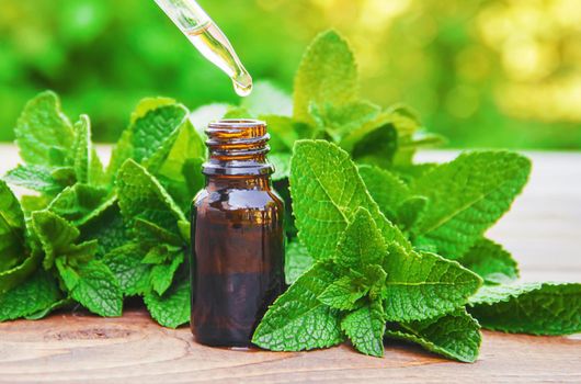 The mint extract in a small jar. Selective focus.