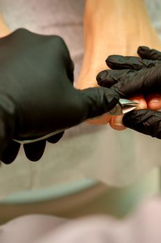 Professional pedicure. Pedicure master wearing latex gloves cuts female toenails in the beauty salon, closeup