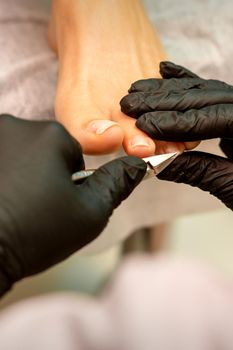 Professional pedicure. Pedicure master wearing latex gloves cuts female toenails in the beauty salon, closeup