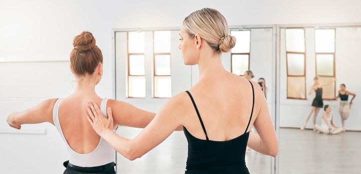 Ballet teacher training student, dancer and girl in dancing, fitness and performance studio. Woman coaching ballerina in teaching, learning and stretching in professional creative art theater academy.