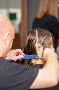 Haircut of long wet hair of young caucasian woman by a male hairdresser in a hairdresser salon, side view