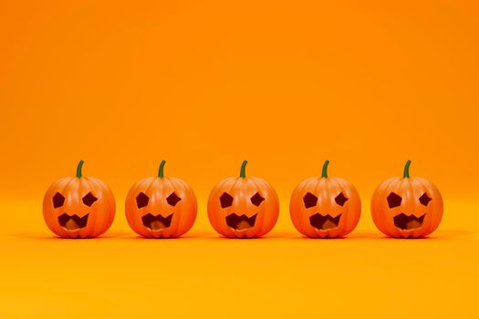Pumpkins standing in a row. 3d rendering. Pumpkin for Halloween with a funny smiling face, on a orange background. Jack O Lantern halloween pumpkin, 3d render.