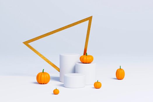 3D Halloween background pedestal podium on white with triangle frame,pumpkin display with gold. Jack o lantern showcase, beauty cosmetic, product promotion. Abstract banner, spooky luxury 3D render