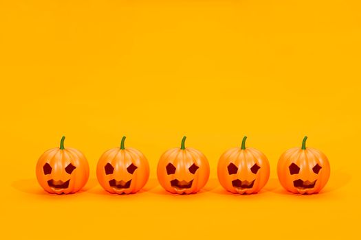 Pumpkins standing in a row. 3d rendering. Pumpkin for Halloween with a funny smiling face, on a orange background. Jack O Lantern halloween pumpkin, 3d render.