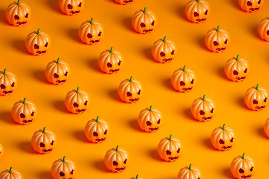 Halloween pumpkins pattern on a orange background. 3d isometric render