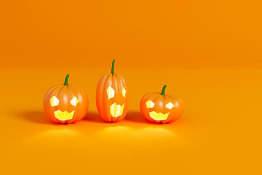 Pumpkins with smiling and cheerful faces n an orange background. 3d illustration