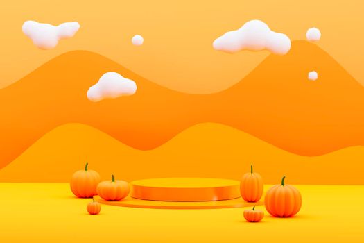 Halloween with pumpkin and empty minimal podium pedestal product display for product placement background 3d illustration