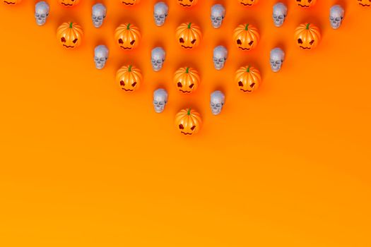 3d render of Halloween pumpkin and white skull covering half of the orange background