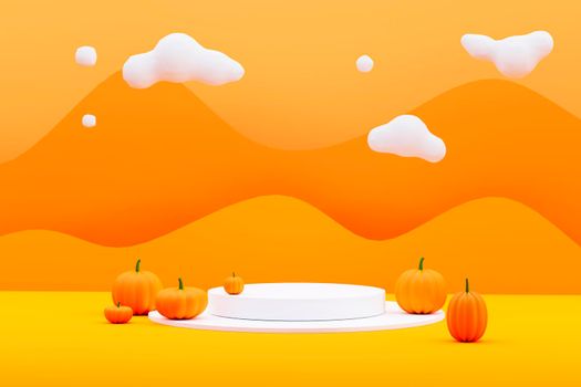 Halloween with pumpkin and empty minimal podium pedestal product display for product placement background 3d illustration