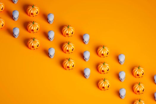 3d render of three rows of many Halloween pumpkin and skulls on orange background