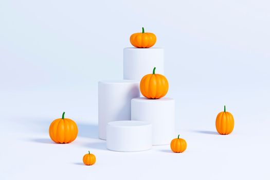 Podiums or pedestals with pumpkins for products display or advertising for autumn holidays on white background, 3d illustration