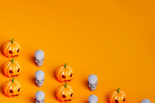 3d render of Halloween pumpkin and white skull covering half of the orange background