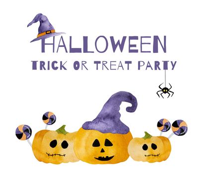 Halloween watercolor pumpkin illustration for funny holiday postcard with trick or treat text. Autumn scary vegetables illustration for decoration