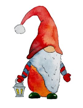 Christmas card with artistic dwarf, Santa Claus helper, holding decoration light painted with watercolor. New Year and Xmas festive art drawn with aquarelle