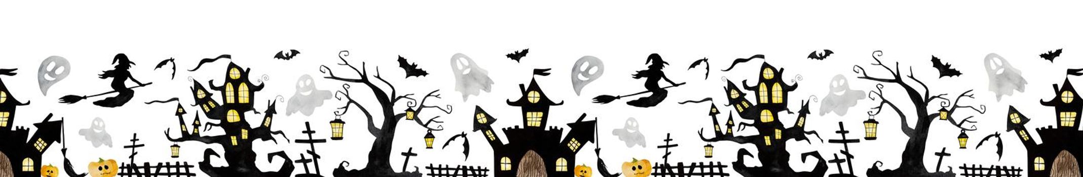 Halloween watercolor illustration with witch, tree house and bats silhouette seamless pattern. October autumn holiday of mystery