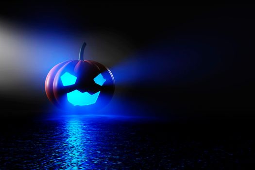 Halloween pumpkin Jack O'Lanterns with purple candle on reflection floor. 3d rendering.