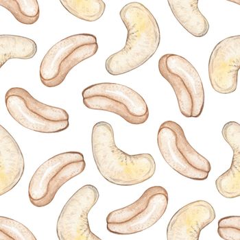 Watercolor cashew nut seamless pattern on white background.