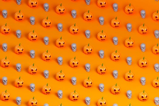 3d isometric render pattern of many Halloween pumpkin and white skulls on orange background