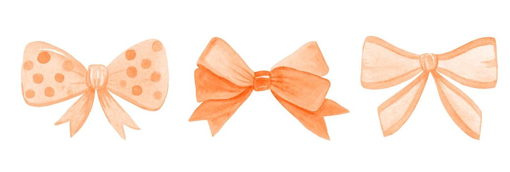 Watercolor orange bows set isolated on white background. Hand drawn collection of ribbon illustrations