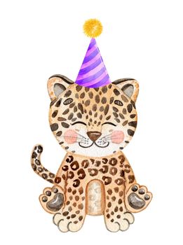 Watercolor leopard in party cap isolated on white background. Hand drawn baby animal in birthday hat illustration