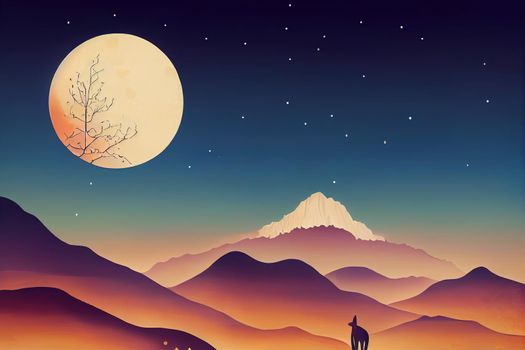 Mid autumn festival illustration. In cloudy night sky, a giant rabbit hugging glowing moon with mountain landscape. Translation mid autumn