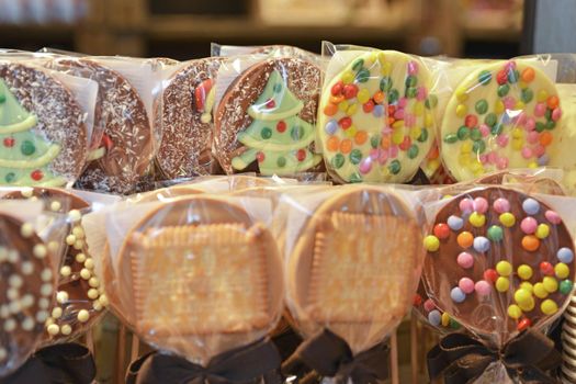 Multicolor biscuits on the market for Christmas in Europe