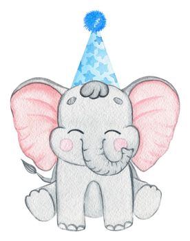 Watercolor elephant in blue party cap isolated on white background. Hand drawn baby animal illustration