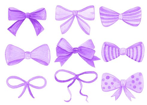 Watercolor purple bows set isolated on white background. Hand drawn collection of ribbon illustrations