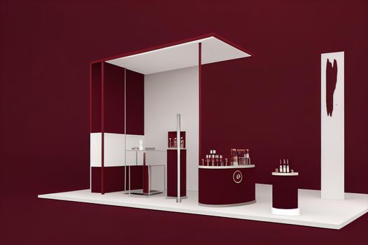 3D background, podium display on natural shadow, burgundy red dark backdrop. Product promotion Beauty cosmetic stand. Studio Minimal autumn empty concrete showcase pedestal 3D render