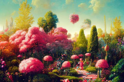 happy day in an enchanted garden. High quality illustration