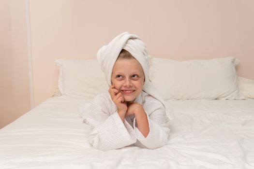 Elbows Creek smile bathrobe coffee copyspace bed girl cute morning, concept lifestyle hotel from bath and caucasian style, pirate background. Hair kid fashion, comfort