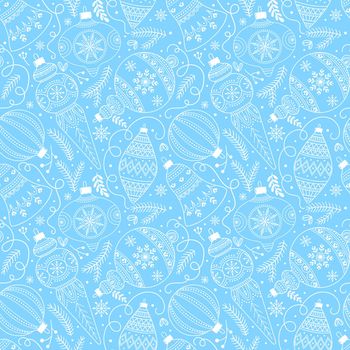 Seamless pattern with Christmas or New Year decor. Ideal for backgrounds, wrapping paper, covers, fabrics, etc. Vector illustration on a light blue background.