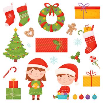 Christmas set of characters and elements in cartoon style. Christmas tree, gifts, sweets, snowflakes, children, Christmas wreath, etc. Vector illustration isolated on white background