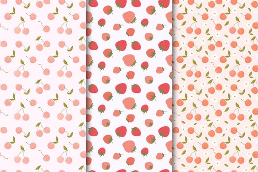 Set of seamless patterns with summer fruits. cherries, strawberries, flowers and leaves on a white and light pink background. great for fabric, wrapping paper, etc. Vector illustration.