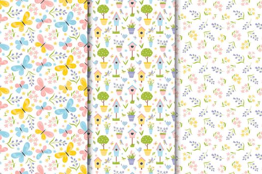 Spring set of seamless patterns in flat hand drawn cartoon style. Vector children's colorful illustration of a bird, potted plants, flowers, birdhouses, butterflies. Spring or summer colorful background for fabric, cover, wrapping paper, etc.
