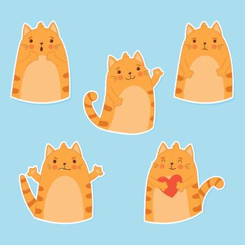 Cat emoticons, sticker collection. Cartoon flat style. Cute ginger cat with different emotions. Vector illustration isolated on a blue background.