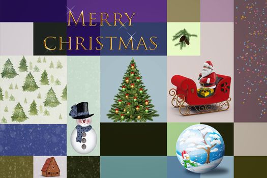 Pictures on the theme of Christmas combined in a collage with a congratulatory inscription.