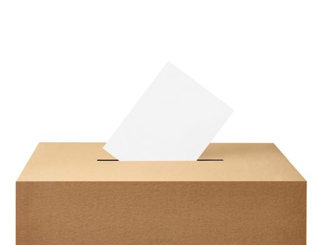 close up of a ballot box and flying papers casting vote on white background