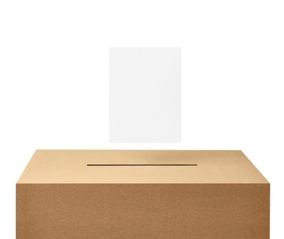 close up of a ballot box and flying papers casting vote on white background