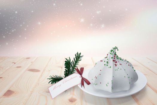 Beautiful Christmas card in vintage style with a picture of a birthday cake. 3D rendering.